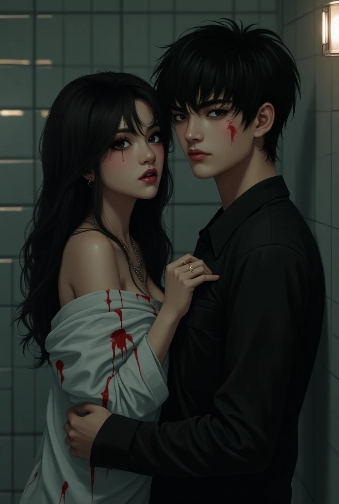 black haired boy,  black eyes ,  intimidating look , piel Blanca,  Marked jaw,  fornicated and white stained shirt ,  black-haired girl,  black eyes  y alargqdos,  flirty look,  Marked cheekbones ,  upper lip with a heart shape and not bulky lips, black cl...