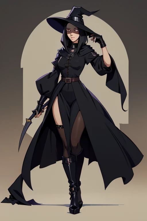 A female plague doctor. She would have totally black hair, her hair is short and messy. Her eyes would also be black and she would be very tall, having the appearance and stature of an adult. Her clothes would cover her entire body except for her face.