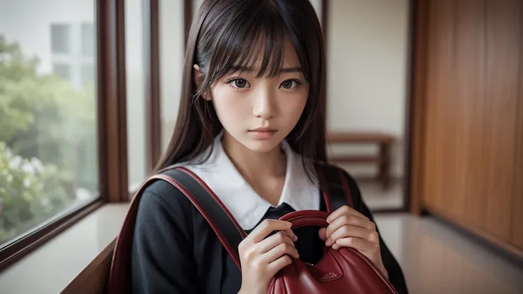 a young japanese school girl wearing a black or red randoseru backpack, standing in a japanese elementary school classroom, looking somber and contemplative, surrounded by the memories and stories of the space, 4k, ultra-detailed, masterful lighting, photo...