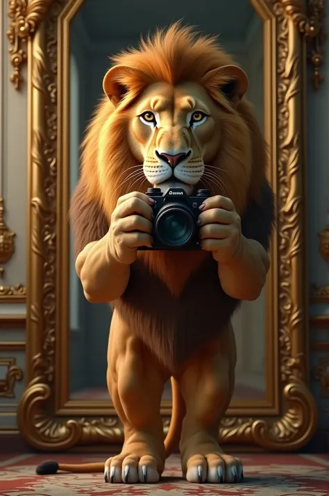 A lion taking a picture in front of a mirror 