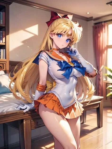 best quality、 sailor venus、 panties visible 、long legs、beautiful breasts、 cute face、 from the front、flipping up the skirt、（full ...