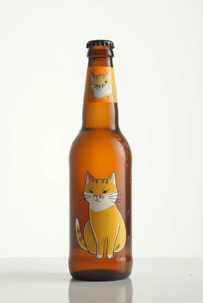 Beer bottle、 white background 、 High Quality Photos 、 wet texture、 high-profile room、Suu budget ,Tie a strip of branded stickers with a picture of a cat in the middle of the bottle.