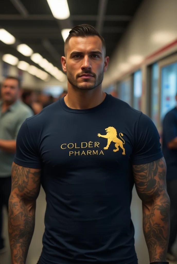 Claro! Aqui está o prompt atualizado com a nova especificação de incluir a silhueta de um leão na camiseta de Otávio, junto com o nome "LÍDER PHARMA":


---

Prompt:
"A hyper-realistic portrait of Otávio, a very handsome and extremely muscular man with wel...