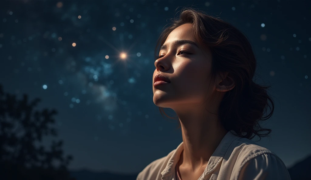 A hyper-realistic, highly detailed portrait. The background is a rich, dark night sky, filled with soft, bright stars and faint nebulae. The overall mood is peaceful and reverent.