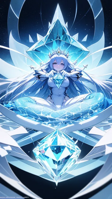 8k⒉5D Japanese Comic Pretty Girl Style A beautiful diamond personified girl with a bright smile A close-up full-body description of a diamond throne sitting in a space with various diamonds floating in the air