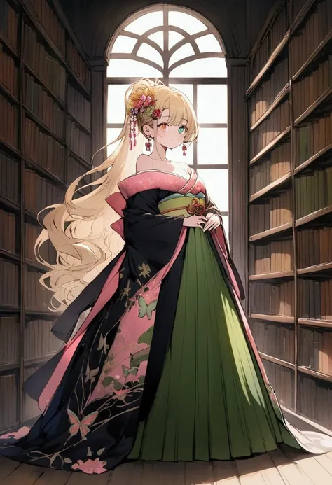 Full body, medium length Wavy blonde hair, hair tied using a kanzashi in an elegant ponytail, Young lady with pink & green heterochromia pupils, small hair accessories, Small earrings、butterflies surrounding her, off shoulder fancy colored kimono dress, ex...