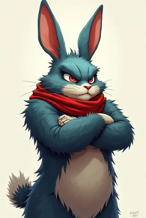  male character, Rabbit man with blue hair red scarf around his neck with crossed arms face with rude red eyes