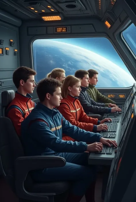  imagine a group of 7 heroes on the command bridge of a spaceship. They are 5 men and 2 women .  All of them are approximately 15 years old .  They are flying through space in search of planet Earth . hyperrealistic. detailed.  correct proportions . One of...