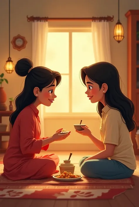 The entire two women with husband sitting on the floor for dinner, sharing a meal. Maya and Suman are sitting next to each other, and their interaction seems warmer. The room has a cozy, familial atmosphere with lantern light illuminating the space.cartoon...