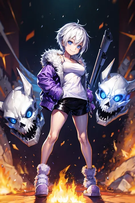 Toby Fox Undertale Sans purple jacket white shirt , slippers, shorts,  Fingerless Gloves,  Eyes of fire purple skull smile short silver hair messy shining sexy dragon skull cannon one standing in snow city Fefull big thighs, big breasts breast augmentation...