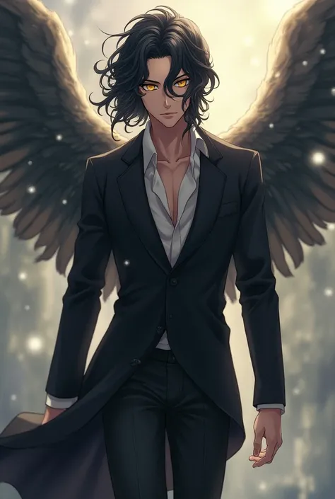 Stunning handsome man ,beautiful yellow eyes, wavy black hair ,he has angel wings,Walking in solitude, Anime-style image,Muzan Kimetsu no Yaiba ,