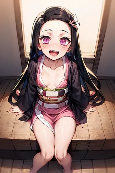 ((Best Quality)), ((masterpiece)), (be familiar with),  perfect face, indoor, bedroom,  watching viewers,
One woman, Kamado Nezuko,
 characters with open mouth ,  ecstatic expression, blush, smile,
Small breasts,  flat chest, Young girl, Lori,  kids,  girl...