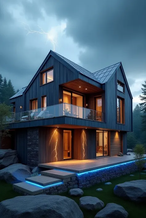 "Visualize a hybrid modern house that embodies the essence of Thor. The buildings exterior showcases a metallic sheen reminiscent of Mjolnir’s surface, blending smoothly with wooden elements that mirror Norse tradition. The entrance features a heavy, hamme...