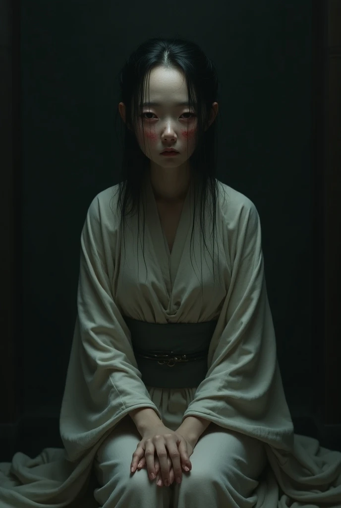 Oiwa, pale, sad look,  with little hair ,  sitting in her kimono, inflamed eye .