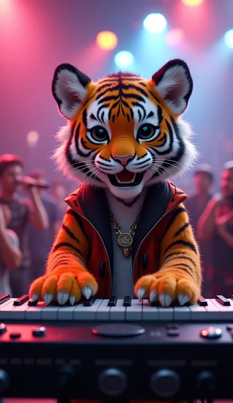 cinematic, ultra-realistic image, a whimsical scene of an adorable full-body tiger with shiny fur, dressed like a rock star on stage putting on a show for many people. His fingers moving playing the keyboard or piano. His ears and mouth moving subtly to th...