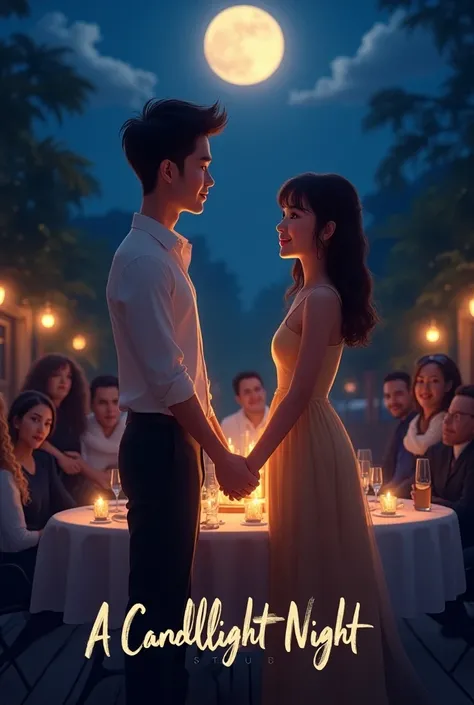 Create a romantic poster for a storybook titled A Candlelight Night, set to release on February 14, 2026. The scene features a young couple, both aged 22, having a candlelight dinner at a round table in an open space under a full moon. The man is clean-sha...