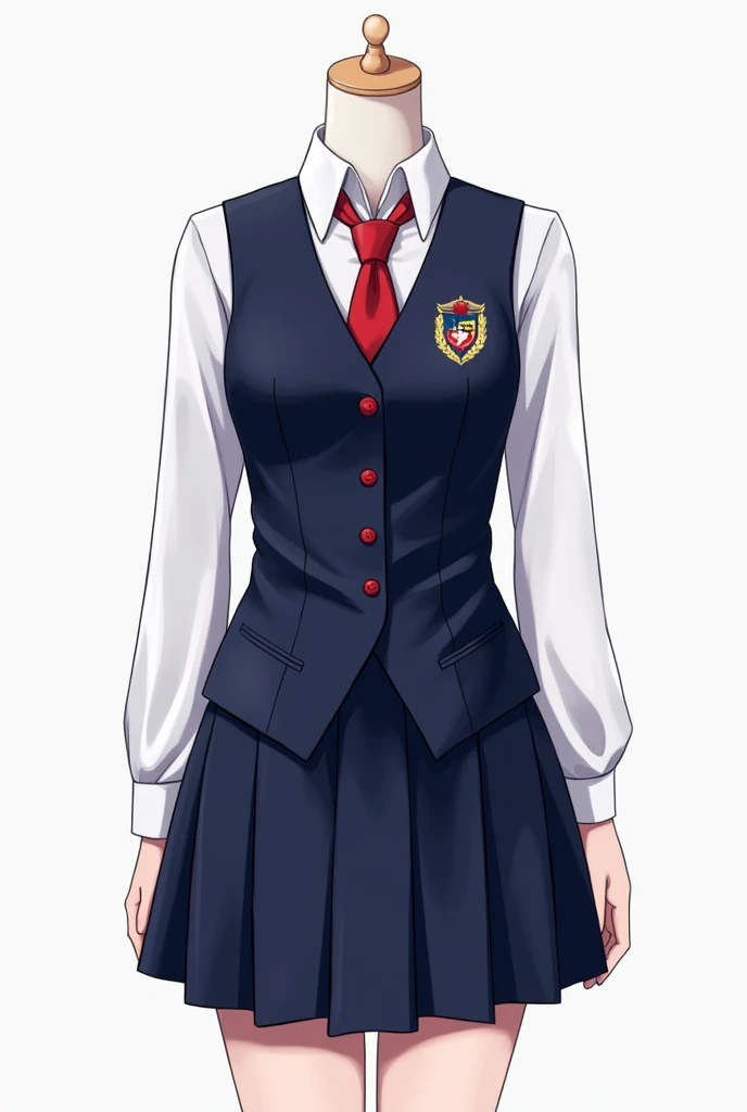 A uniform for a school musical group that wears a vest and a skirt. colors white, navy blue and red . with tie.