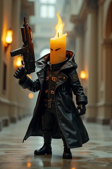 Make a little candle wearing a black cyberpunk coat with a super realistic 8k ultra hd gun from the future Robbing a bank