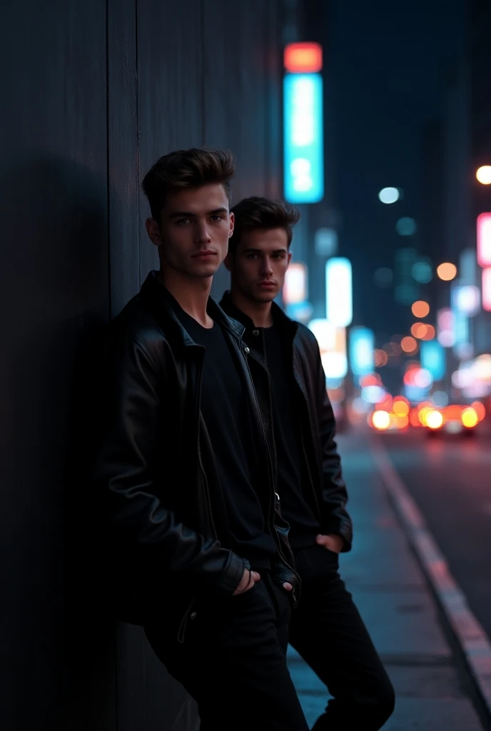  Create an image of two young white men in black clothes, leaning against a black wall , At night on a bright street