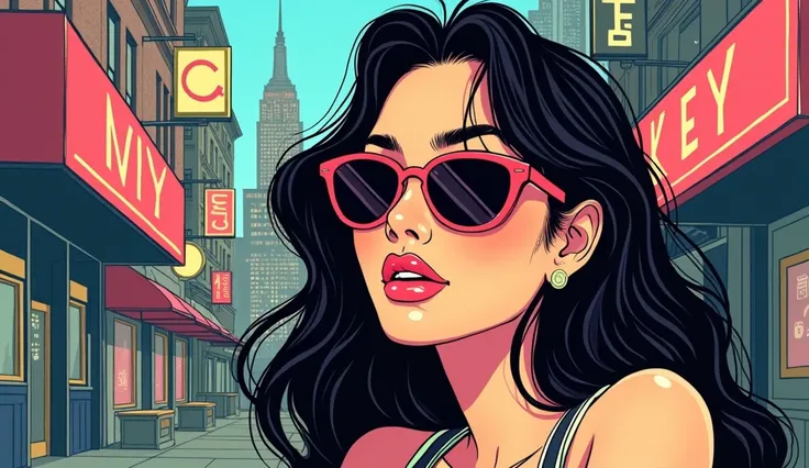 Image of the lyrics below「Chill Music Western music playlist」 lofi, 90s、Woman wearing sunglasses 、 90s city pop style manga illustration、Pull composition、Trending Fashion、４k、masterpiece、Makoto Shinkai style、 background is a woman wearing a New York 、The si...