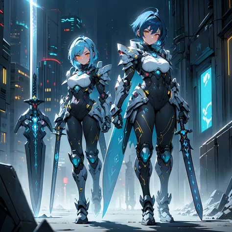 (((Masterpiece, best quality, 16k))) female character with short blue hair and glowing yellow eyes. She wears a futuristic armor in metallic silver, red, and black. wields dual energy swords. The character has a confident expression, with a high-tech citys...