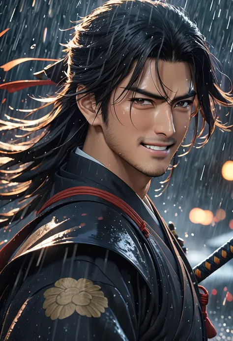 8k, masterpiece, Best Quality, Battlefield Samurai , Battle Scenes,  Handsome Male Anime Characters,  dark eyes,  black long hair ,  sunburned skin from before,  confident look, He has a mean smile on his face, Ultra-detailed CG Unity,  Movie Lighting,  wi...