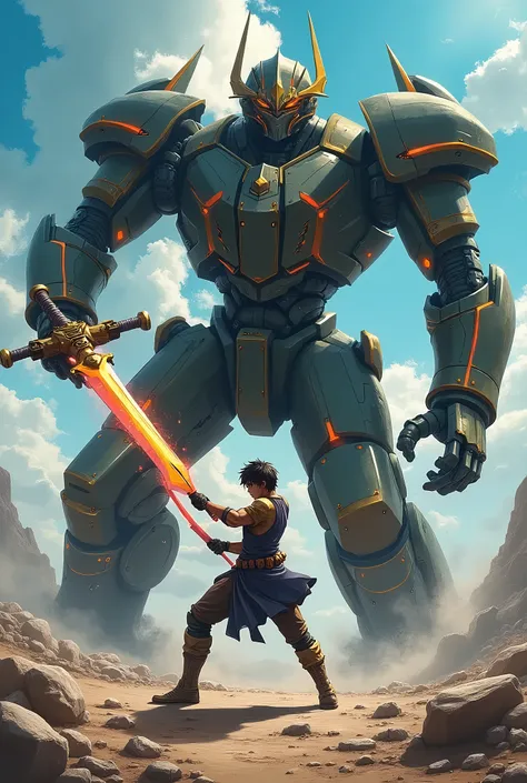 A man with a excalibur side to side against a giant robotic opponent anime style.