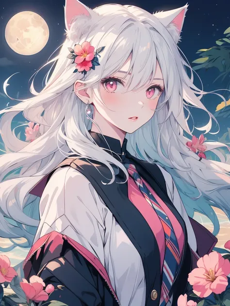 masterpiece, Cat ear,Awesome girl, Night moon Full moon, 1 female, Mature Woman, A woman with long silvery white hair, Pale pink lips, Calm, intellectual, Pink Eyes,Flower