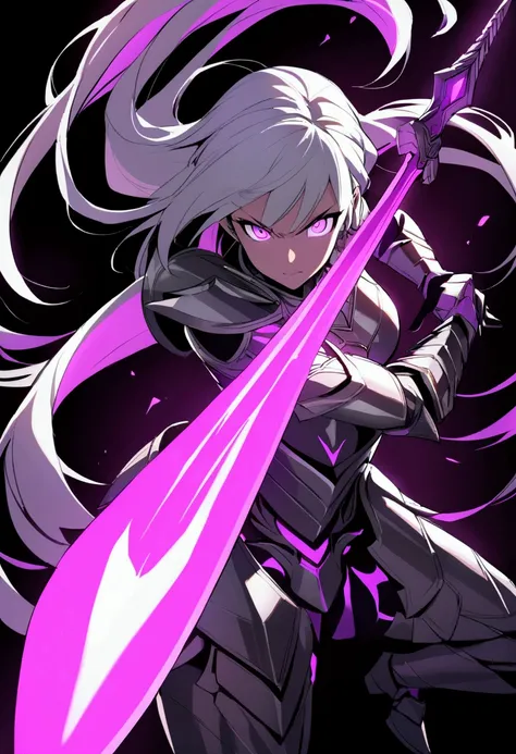 A stunningly beautiful woman, warrior in full metallic armor, long flowing gray hair, intense expression,  holding a glowing purple energy blade,  dramatic lighting accentuating the armors details,  dark background,  perspective is a dynamic close-up, show...