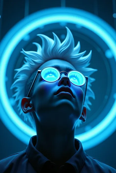 Create a digital art piece featuring a character with spiky, white hair and glowing blue glasses, looking upward in a futuristic setting. The background should have a circular design with a dark edge, emphasizing blue tones and a mysterious atmosphere."