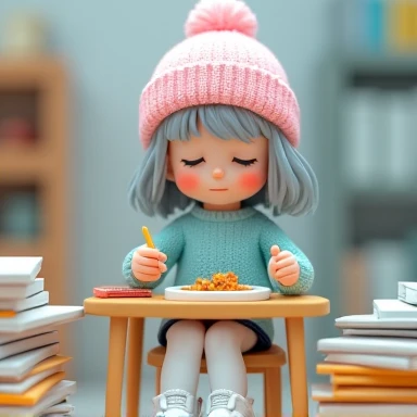 "A 3D art toy of a  girl with muted gray hair, wearing a pastel pink knit beanie. She is sitting at a desk filled with work files and books, eating a meal. She is dressed in a pastel blue knit sweater, white sneakers, and long white socks that reach up to ...