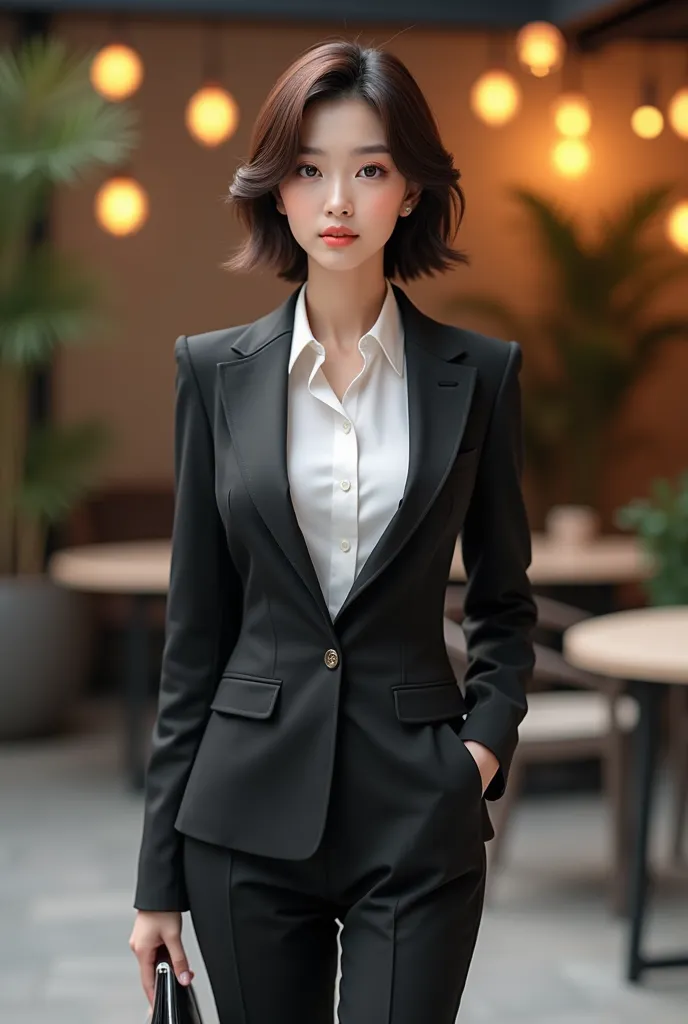 a thin japanese woman, 30 years old, cute face, detailed face, fine eyes, sexy, attractive, short hair, suit, realistic skin, sm...