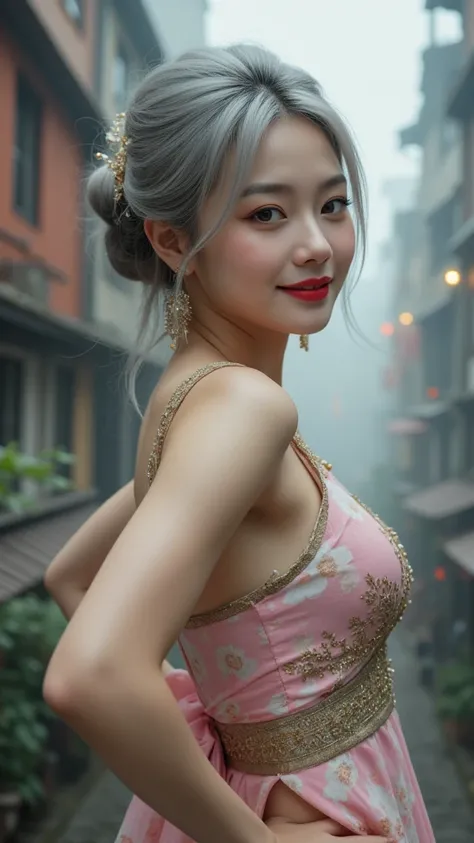 Gray hair, Pale skin, Red lipstick,  25-year-old Han Fu girl with excellent beauty,Clas Up, curve ,((Plump)),Focus on her face., Open Shoulder Hanfu Dress ,City in the Air ,Low light, Smiling softly and with an arrogant mood , 