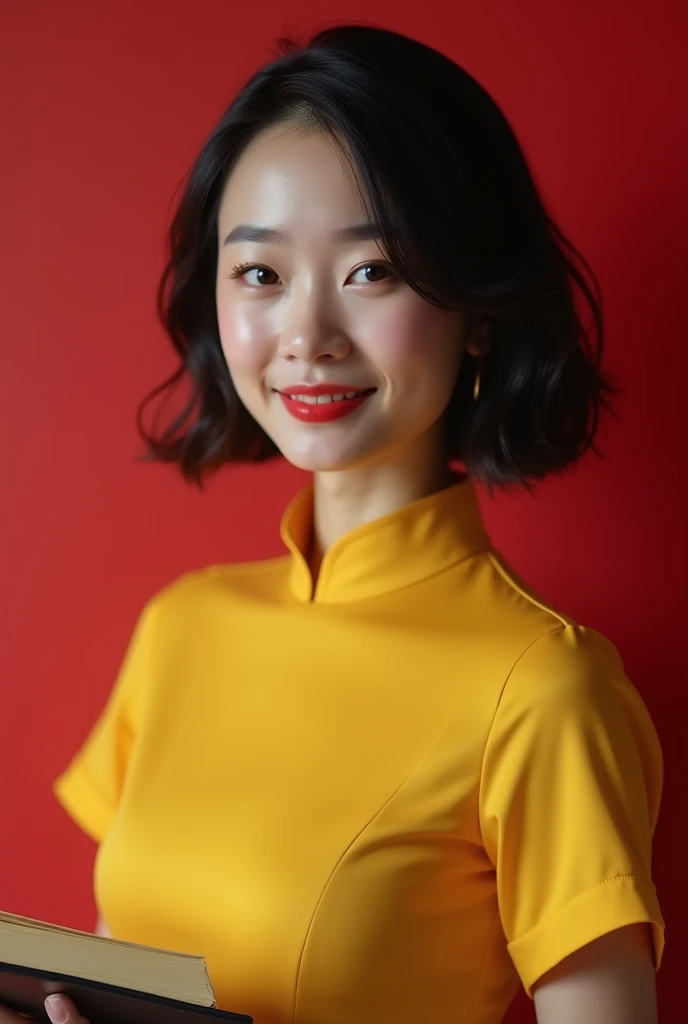 cinematic photo vietnammese woman teacher 22 years old, 3/4 shot, with gorgeous eyes and skin, shorts hair, eyes loocking top, hand holding book, Ao Dai yellow dress. 35mm photograph, film, bokeh, professional, 4k, highly detailed, red background