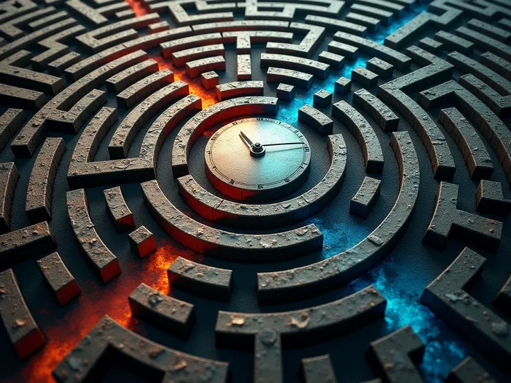  A Labyrinth with Several Paths and an Hour Clock in the Center : In the central image, a complex labyrinth in dark or metallic tones ,  with a large hourglass or countdown clock that suggests urgency .  The paths could be divided into warm and cold colors...