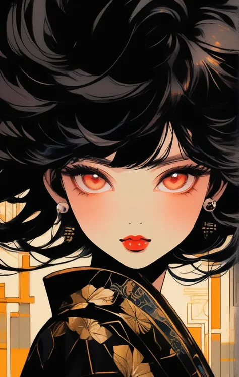 (Best Quality, sketch:1.2),Realistic,Illustrationレーター,Anime, 1 girl, Detailed lips,  tongue、((tongue out 、 Tongue out))、kimono,custom,  black and gold gradient background ,Neon Hair,Textureクロッピング, masterpiece,   style retro classic , Black Style 、Illustrat...