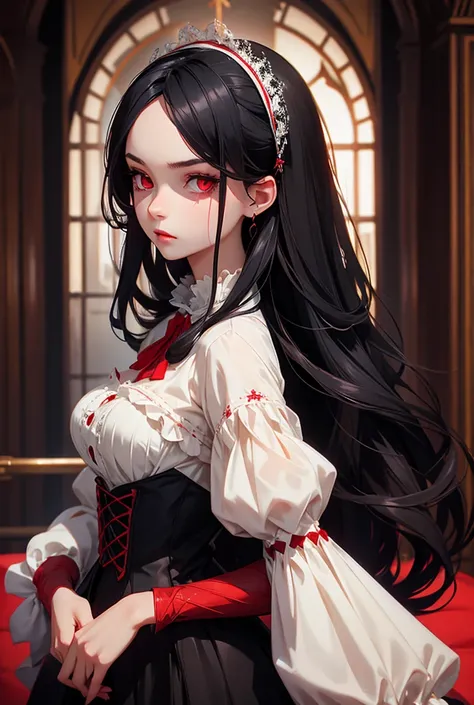 beautiful girl with long  black hair  , with red eyes wearing Victorian dress 