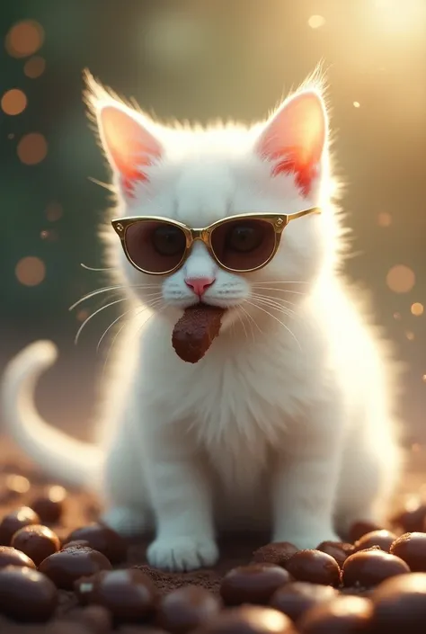 An angelic white cat who wears sunglasses and is eating chocolate candies 
