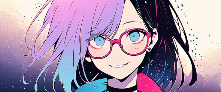 Creative Vector Art Illustration：( negative space :1.4), 1 girl,heavy rain,Beautiful black hair、Creepy Smile、heavy rain、Medium-long hairstyle, Split the bangs in half、Bright blue hair、Glasses、A simple black choker with studs around the neck、Floating pale p...