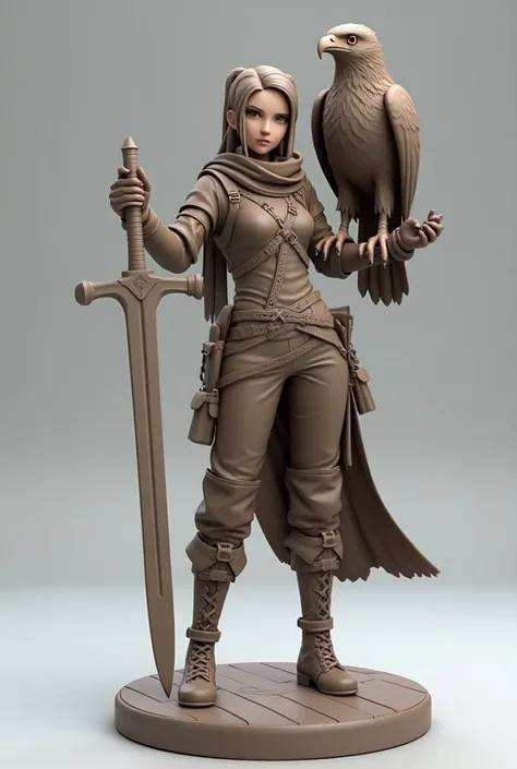 Create a highly detailed 3D model of an anime-style D e D RPG hunter character, designed for 3D printing. The character should be posed holding a long, finely crafted sword in one hand, with a majestic eagle perched on the other arm. The hunter should have...