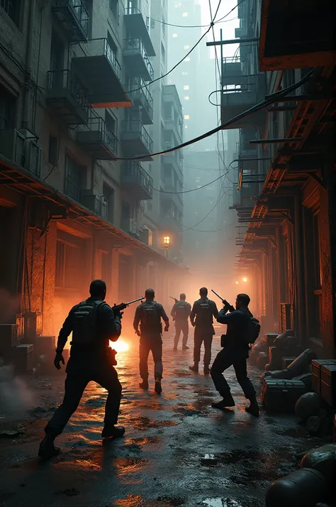 A tight, urban combat environment with narrow alleyways and small rooms, filled with melee weapons like machetes, crowbars, and pistols. Players must navigate carefully, hiding behind barricades and crates while avoiding explosive traps. The atmosphere is ...