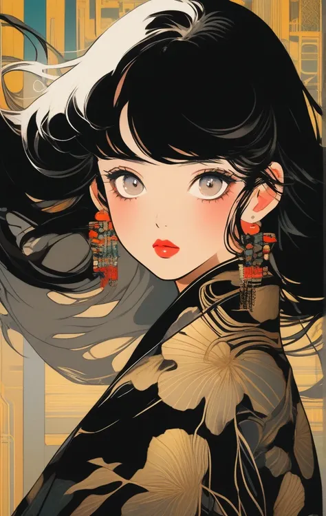 (Best Quality, sketch:1.2),Realistic,Illustrationレーター,Anime, 1 girl, Detailed lips,  tongue、((tongue out 、 Tongue out))、kimono,custom,  black and gold gradient background ,Neon Hair,Textureクロッピング, masterpiece,   style retro classic , Black Style 、Illustrat...