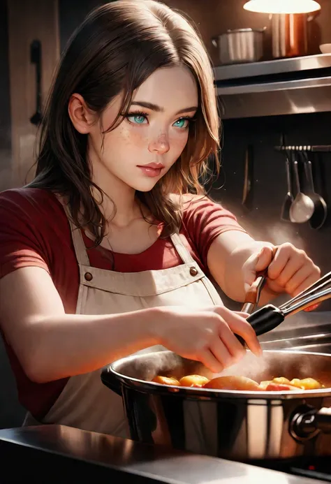 a young woman cooking, long dark brown straight hair, green blue eyes, freckles on the nose, red top, hyper realistic, 8k, high quality, masterpiece, photorealistic, professional, studio lighting, extremely detailed, vibrant colors, warm lighting, (intrica...