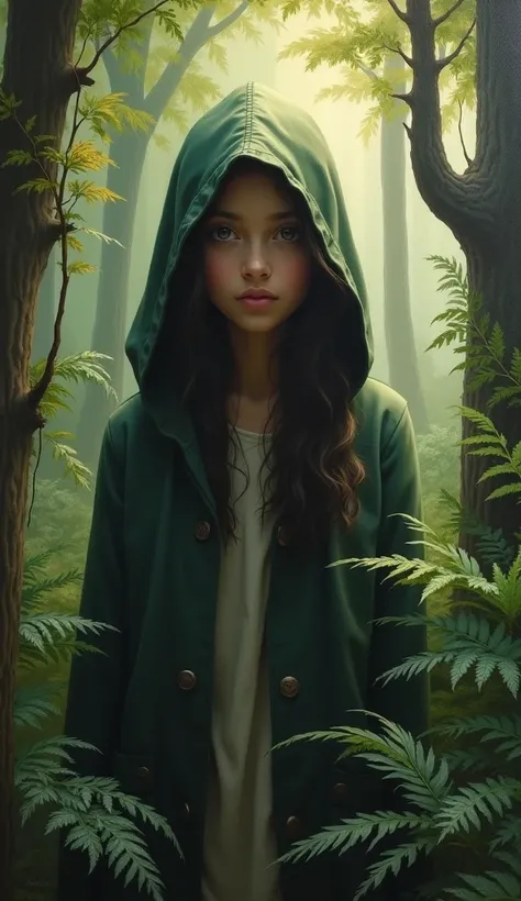 A oil painting of girl in hood With forest background