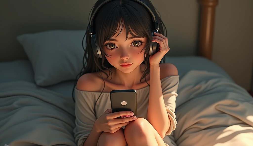 Realistic 16-year-old realistic girl, Listening to music on the phone , wearing a short dress