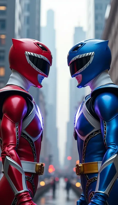  give me an image of the red Power Rangers and the blue Power Rangers, Looking face to face 