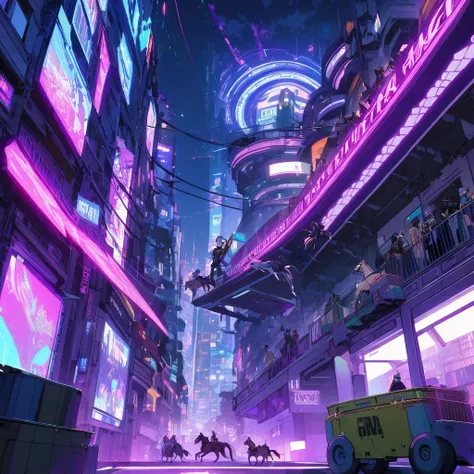 a boy in a cyberpunk costume with blue and neon purple lights ,  jumping from the top of a building in a western city with horses, carts and stables 