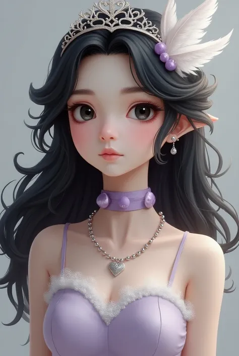  A white girl with wavy black hair with white highlights around her butt.  her black eyes . She wears a tiara with a swan feather on her head .  Around her neck a lilac ribbon with a silver heart . On her body a white heart Decode dress with a thin lilac b...