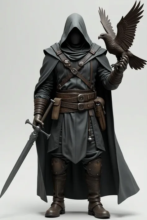 Create a highly detailed 3D model of an RPG hunter character, designed for 3D printing, with a dark fantasy D&D-inspired aesthetic. The character should be cloaked in a hooded cape, casting a shadow over a determined face, adding a mysterious aura. In one ...