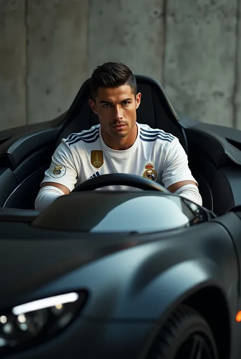 Cristiano Ronaldo wearing the Real Madrid jersey driving a car with a wall behind it 